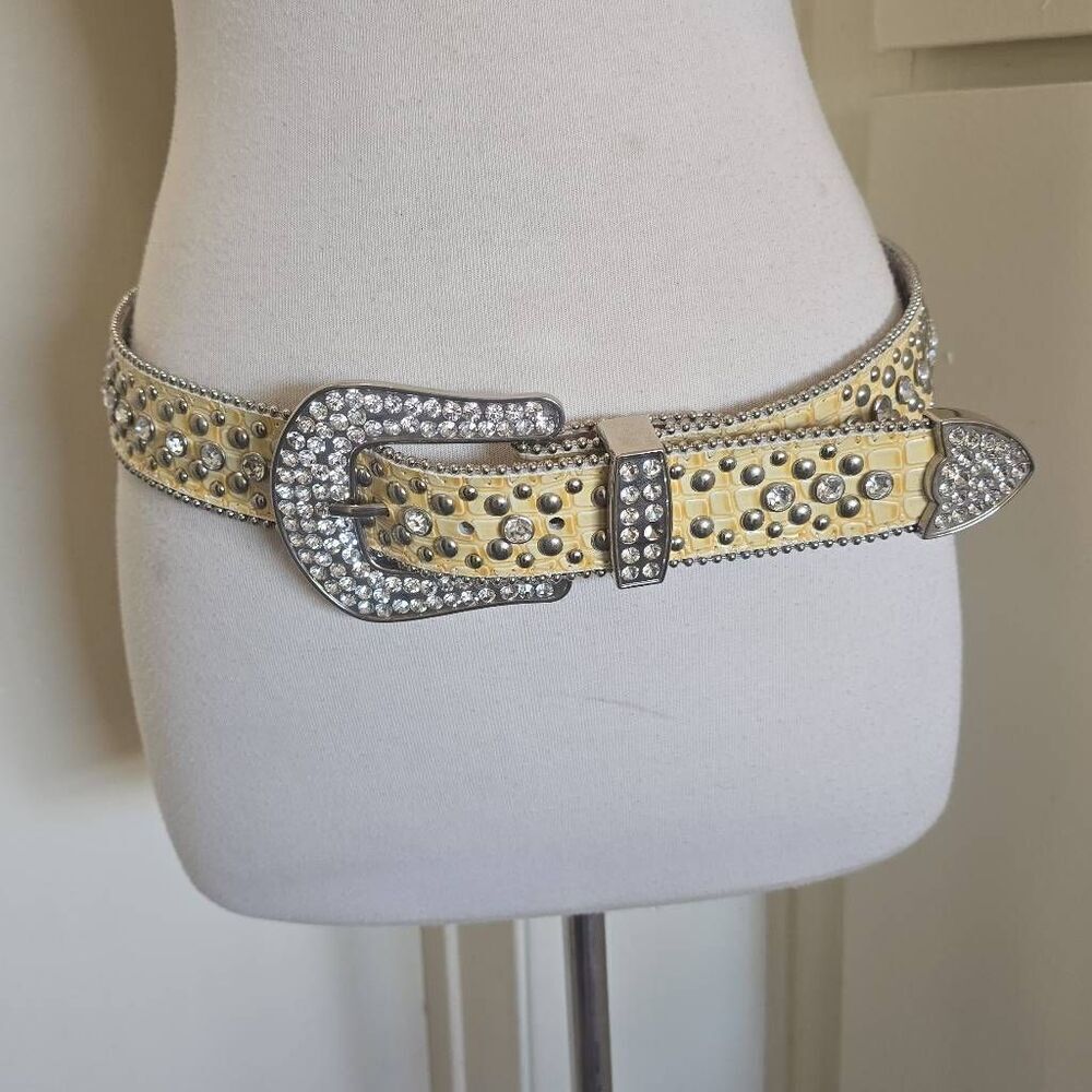 Ladies Western Rhinestone Horseshoe Bkl Yellow/Slvr Genuine Leather Belt, New ML